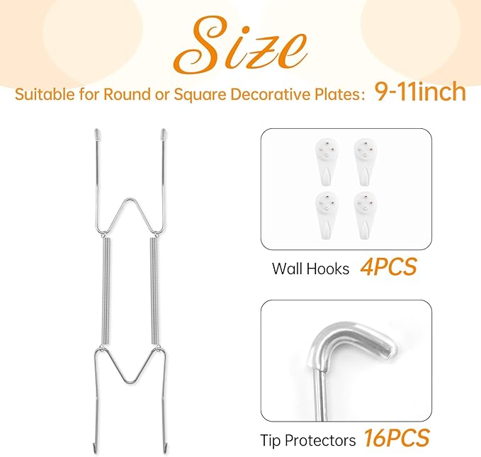 Bilillo 4 Pack Plate Hangers for The Wall, Suitable for 9-11 inch Art Plate, Stainless Steel Invisible Heavy Duty Wire Plate Holder with Wall Hooks, Plate Hangers for Displaying Plates, Silver