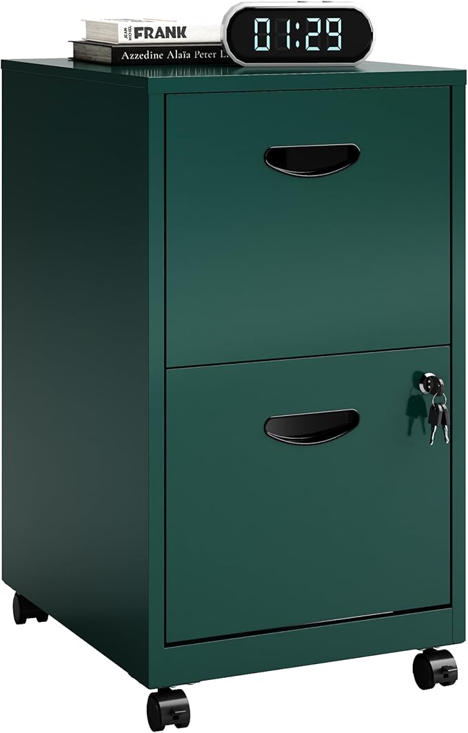 2 Drawer File Cabinet with Lock, Small Rolling Filing Cabinet for Home Office, Metal Mobile File Cabinets on Wheels, Under Desk Office Cabinets for Letter Size Folders - Assembly Required