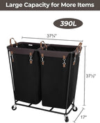StorageWorks 390L Extra Large Laundry Hamper with Wheels, Laundry Basket with Wheels 2 Sections, Clothes Sorter Cart with Divider for Hotel, Home, Black, 1-Pack