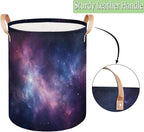Space Universe Galaxy Collapsible Laundry Basket Large Laundry Hamper Waterproof Foldable Storage Bins Laundry Basket with Leather Handles Clothes Nursery Hampers