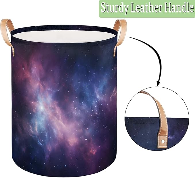 Space Universe Galaxy Collapsible Laundry Basket Large Laundry Hamper Waterproof Foldable Storage Bins Laundry Basket with Leather Handles Clothes Nursery Hampers
