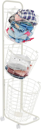 3-Tier Laundry Cart with Locking Wheels & Removable Hampers - Metal Garment Organizer for Home/Laundry Room/Dorm | Rolling Storage System Wire Metal Sorter