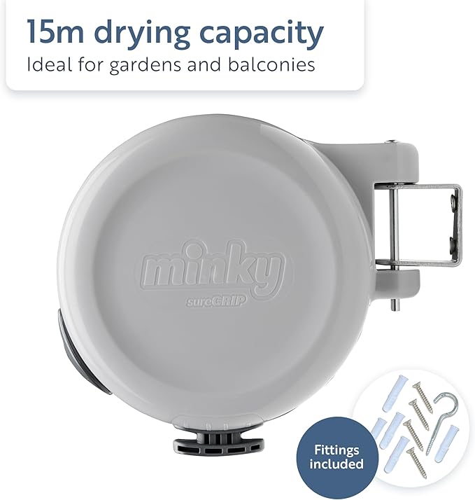 Minky Homecare Outdoor Retractable Clothesline - Heavy Duty PVC Coated Line - Energy and Space Saving Removable Laundry Drying Line - 49 Feet (Gray)