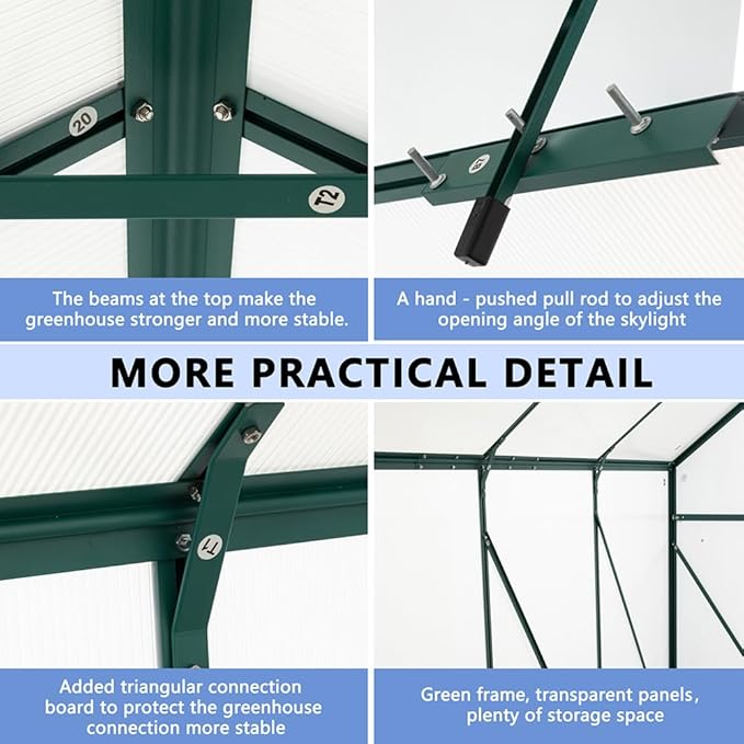 Double Sliding Door Polycarbonate Greenhouse with Rain Gutter and Roof Vent, Raised Base and Anchor Aluminum Heavy Duty Walk-in Green House, Outdoor Patio Sunroom (Green, 121.25*94.5*89.5in)