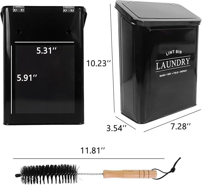 DreamsEden Laundry Lint Bin with Brush, Magnetic Wall Mount Container, 7 x 10 inch Steel Lint Collector 3.5L Storage Holder Organizer for Dryer Sheets Wool Balls Laundry Pods (Black)