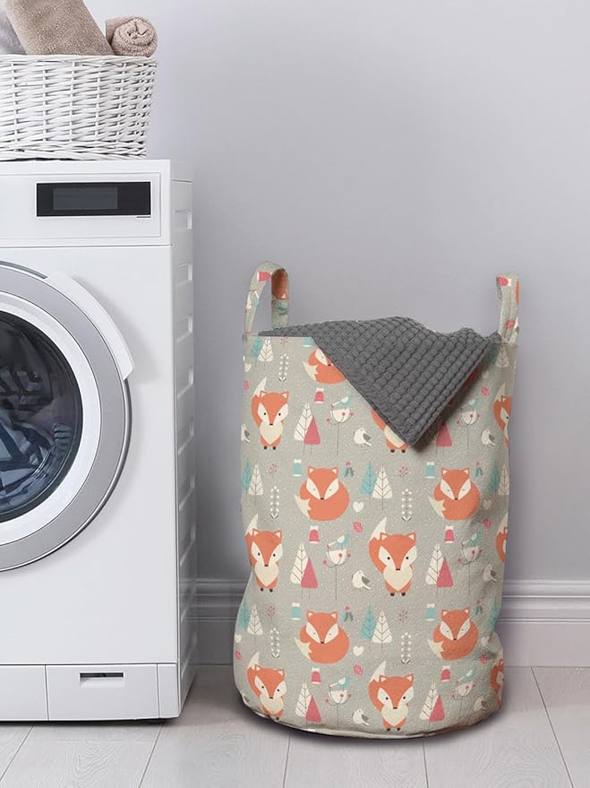 Ambesonne Fox Laundry Bag Pack of 2, Woodland Animal with Birds and Fir Trees Winter Season Flora and Fauna, Hamper Basket with Handles Drawstring Closure, 13" x 19", Orange Grey