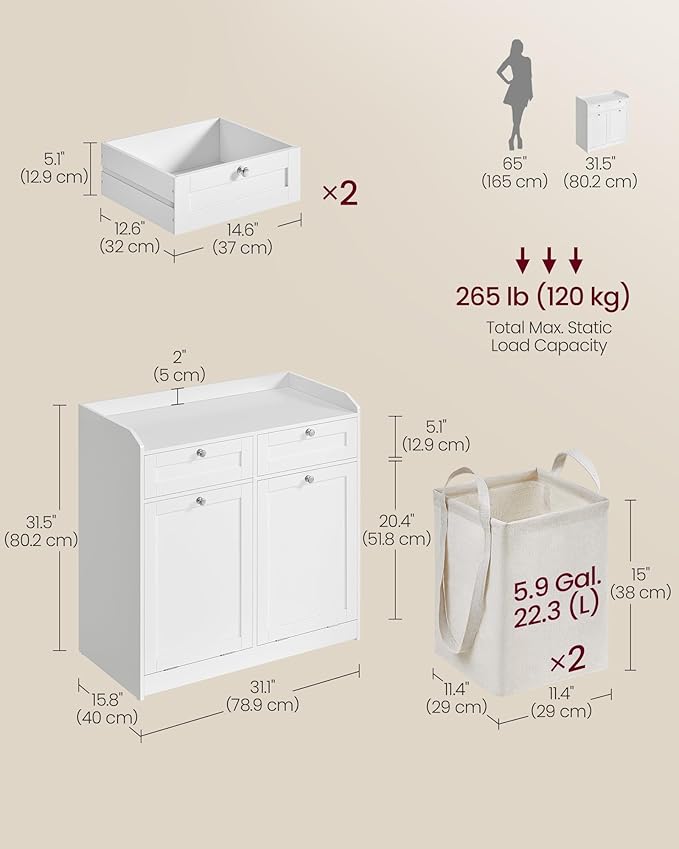 VASAGLE Laundry Cabinet with Tilt-Out Basket, Freestanding Storage Unit with Drawer and Laundry Hamper, for Bathroom, Living Room, 15.8 x 31.1 x 31.5 Inches, Cloud White UBBC751W01