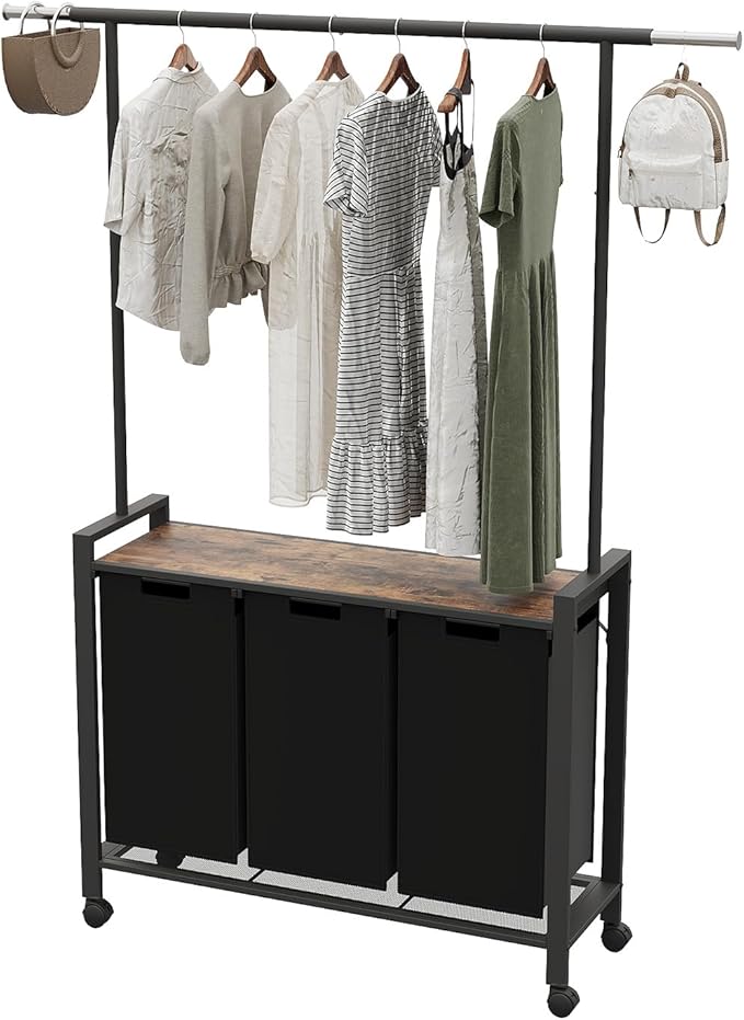 Laundry Sorter Cart with Hanging Rod, 3 Section Laundry Hamper with Wheels for Small Spaces, Laundry Organizer, Dirty Clothes Hamper for Apartment, Dorm