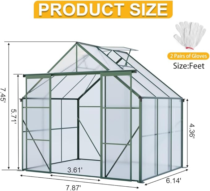Heavy-Duty Walk-in Polycarbonate Greenhouse with Dual Sliding Doors, Adjustable Roof Ventilation, and Galvanized Steel Base for Year-Round Outdoor Gardening (Green 8*6FT)