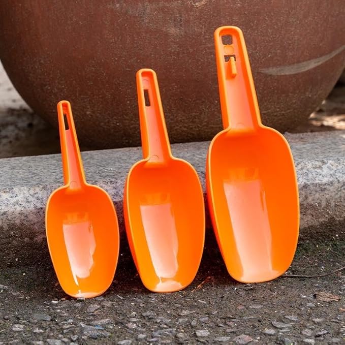 Set of 3 Ice Scoop, Plastic Kitchen Ice Scoop for Canisters or Ice Maker, Food Scoops for Canisters, Freezer, Flour, Dry Foods, Coffee Beans, Pop Corn, Pet Dog Cat Food (Orange)