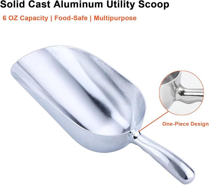 6 OZ Cast Aluminum Utility Scoop, One-Piece Solid Ice Scoop for Ice Bucket, Bar, Kitchen, Multipurpose Food Scooper for Flour, Sugar, Popcorn, Dog Food (Silver) (6OZ)