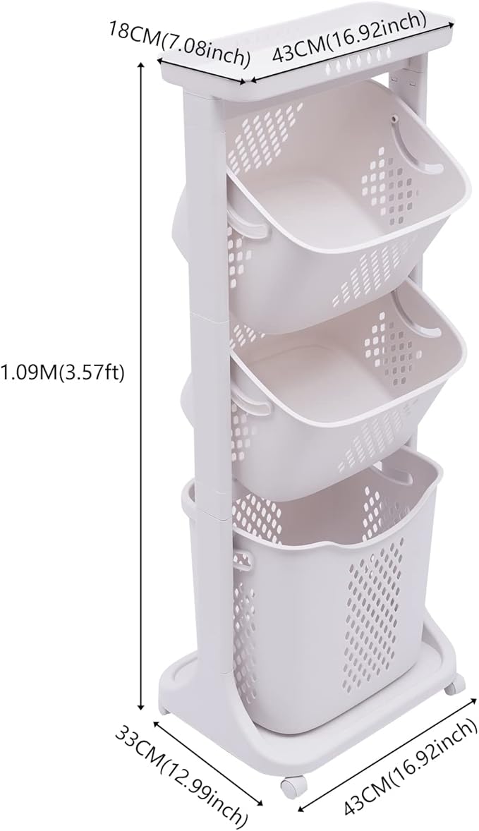 3 Tier Laundry Hamper Basket Plastic Rolling Laundry Cart with Wheels, Multipurpose Laundry Sorter Storage Trolley Shelf Basket, Beige