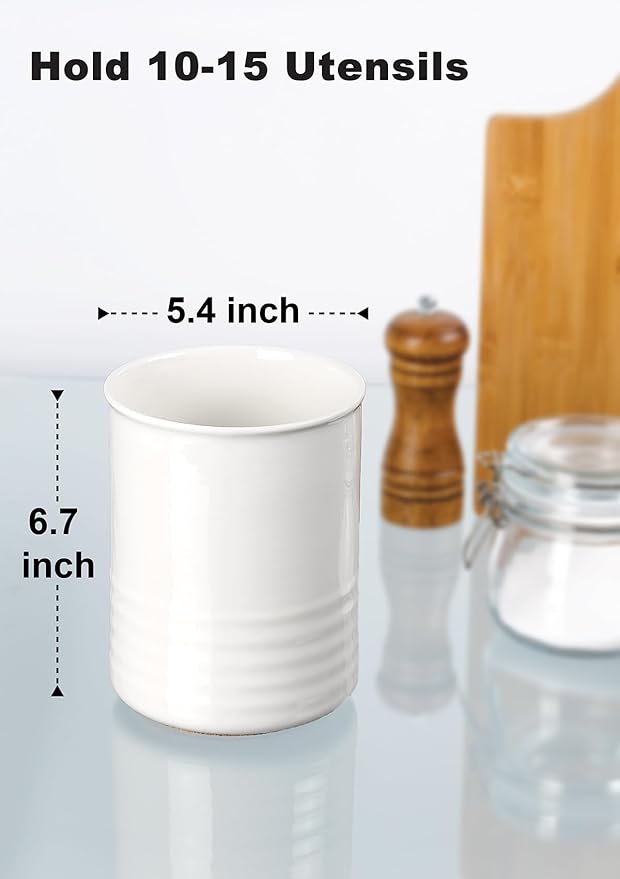 Utensil Holder, 6.7" Ceramic Kitchen Utensil Crock for Countertop Cooking, Modern Utensil Caddy Jar Organizer for Farmhouse Kitchen Counter Decor (White)