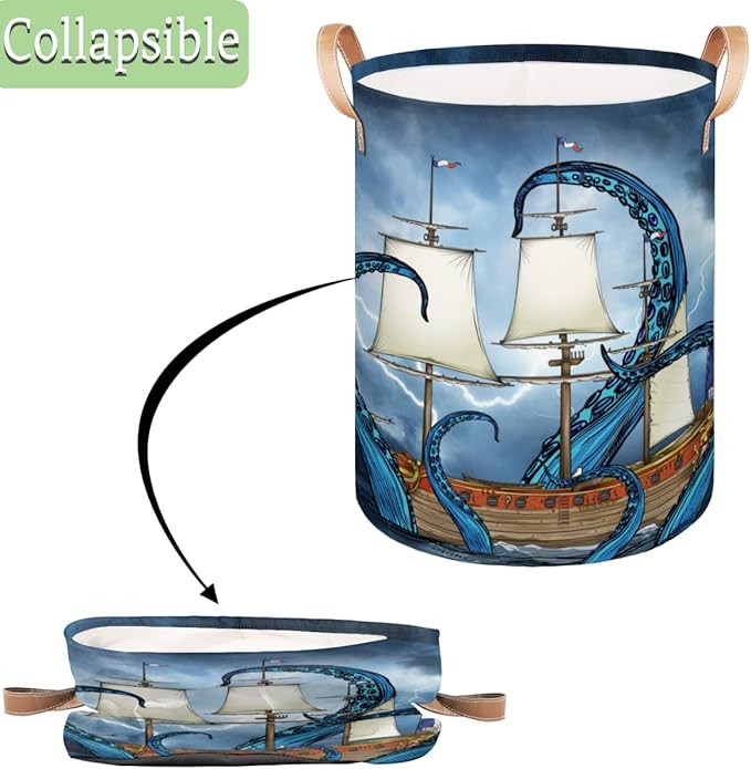 Sea Monster Octopus Collapsible Laundry Basket Large Laundry Hamper Waterproof Storage Bins with Leather Handles Clothes Nursery Hampers for Bathroom Bedroom Toy Organizer, Nautical Theme