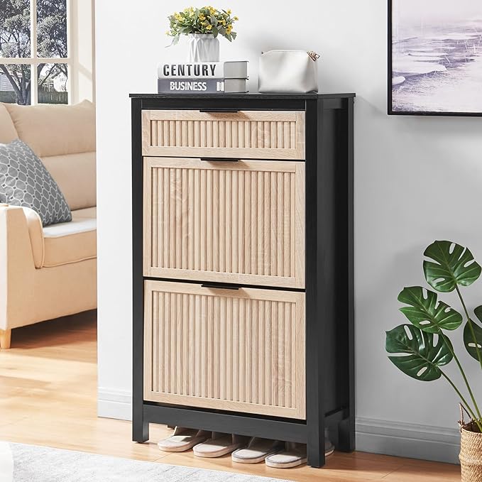 2 Flip Drawers Shoe Cabinet Storage for Entryway, Narrow Shoes Organizer Cabinet for Front Door Entrance, Free Standing Hidden Wooden Hallway Shoe Rack(Oak&Black)
