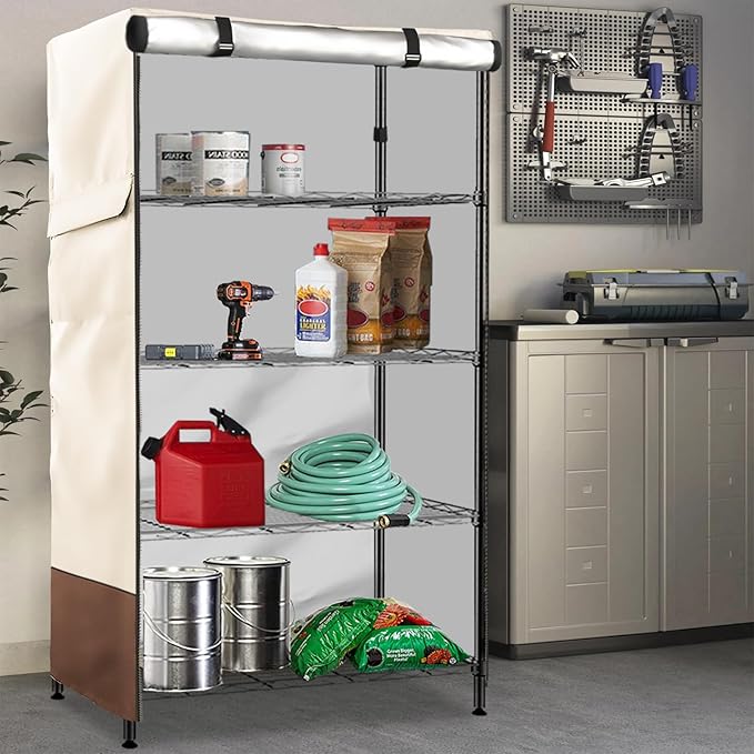 Wire Shelf Cover,600D Heavy Duty 100% Waterproof Shelf Covers for Wire Shelving,Outdoor Storage Shelves Cover for Metal Rack,60" W x 24" D x 72" H,Beige & Brown