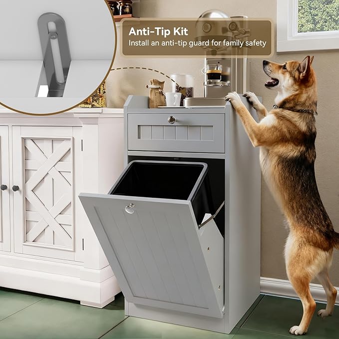 Single Tilt Out Trash Can Cabinet, Dog-Resistant, Fits 13.8"H Bins (Max 11.8"x11.8" Base), Easy Assembly, Grey for Kitchen & Laundry