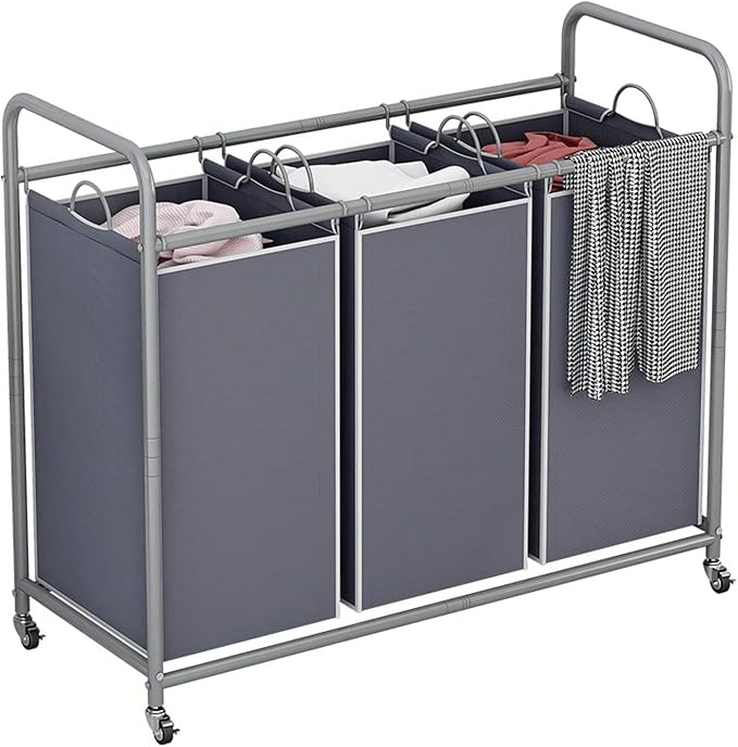 3-Bag Laundry Sorter Cart with Rolling Lockable Wheels, Removable Bags, 32.68 x 15.75 x 33.46 in, Black, Beige and Grey (Grey)
