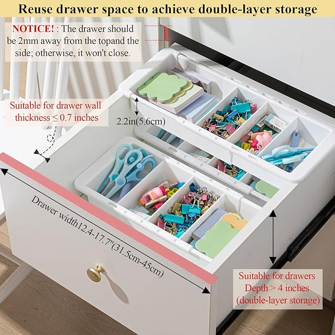1 Pcs Expandable Drawer Organizer Bins Adjustable Deep Drawer Hanging Organizer Tray Expandable 11.4 to 18.1 Inches Plastic Dividers Storage for Office Bathroom Bedroom Kitchen Desk, White