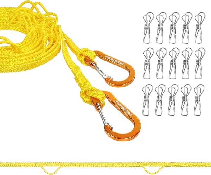 Portable Travel Clothesline, Windproof Clothes Laundry Line with Clothespins & Hang Holes, Indoor & Outdoor Clothes Drying Rope for Hotel, Backyard,Cruise Ships, Camping (Yellow, 20 Ft)