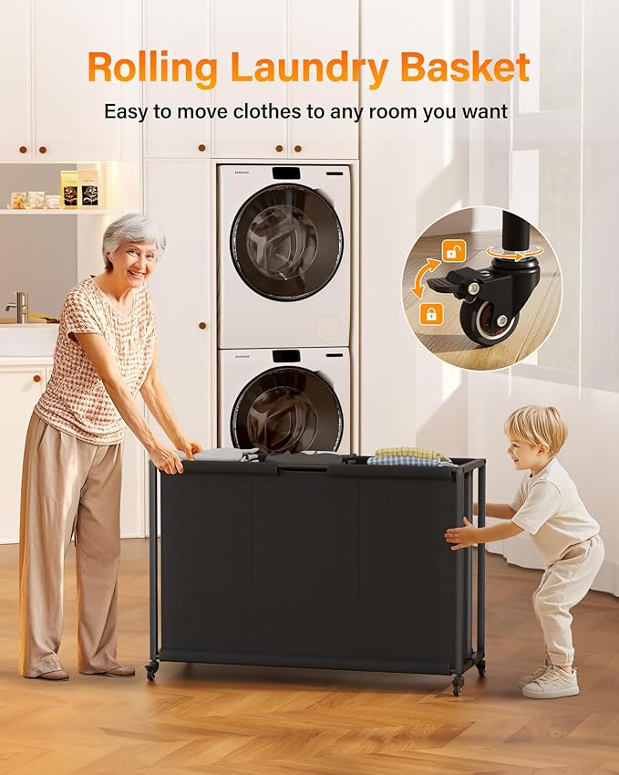 Laundry Sorter 3 Section: Laundry Hamper Basket with Shelf and Wheels - Rolling Laundry Basket Organizer with Drawers and Pull-Out Cart - Clothes Hamper for Living Room Bathroom Bedroom