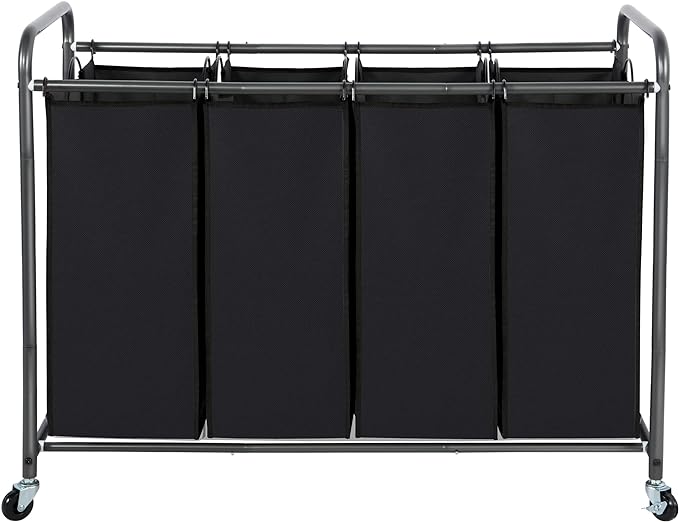 STO STO Laundry Sorter 4 Section, 4 Bag Clothes Hamper, Rolling Laundry Cart Basket with Heavy Duty Lockable Wheels and Removable Bag for Laundry Room, Bedroom, Closet, Black