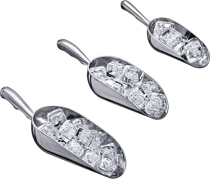 Amazing Abby - Elsa - Aluminum Ice Scoops (3-Piece Set), Cast Aluminum Utility Scoops, 5/12/24-Ounce Capacity, Food-Grade, Good for Home and Commercial Use, NOT Dishwasher-Safe, Hand-Wash Recommended