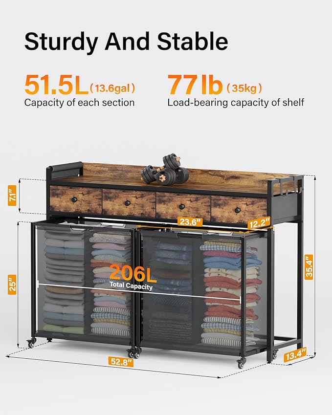 Laundry Sorter 4 Section 206L: Rolling Laundry Basket Organizer with Wheels & Shelf & Oxford Fabric Drawers - Clothes Hamper with Shelf 4 Compartment for Room Organization and Storage