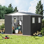 Heavy-Duty Outdoor Garden Shed with Aluminum Alloy Frame, Hinged Door, and Stable Foundation for Secure Storage (10x8 Feet Grey with 4 Transparent Window)