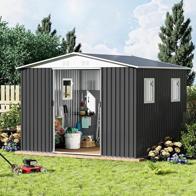 Heavy-Duty Outdoor Garden Shed with Aluminum Alloy Frame, Hinged Door, and Stable Foundation for Secure Storage (10x8 Feet Grey with 4 Transparent Window)