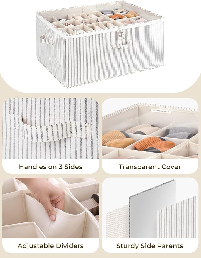StorageWorks Shoe Organizer for Closet, Fits up to 24 Pairs, Shoe Cubby Storage Containers with Adjustable Dividers and Clear Cover, Gray and White Stripes