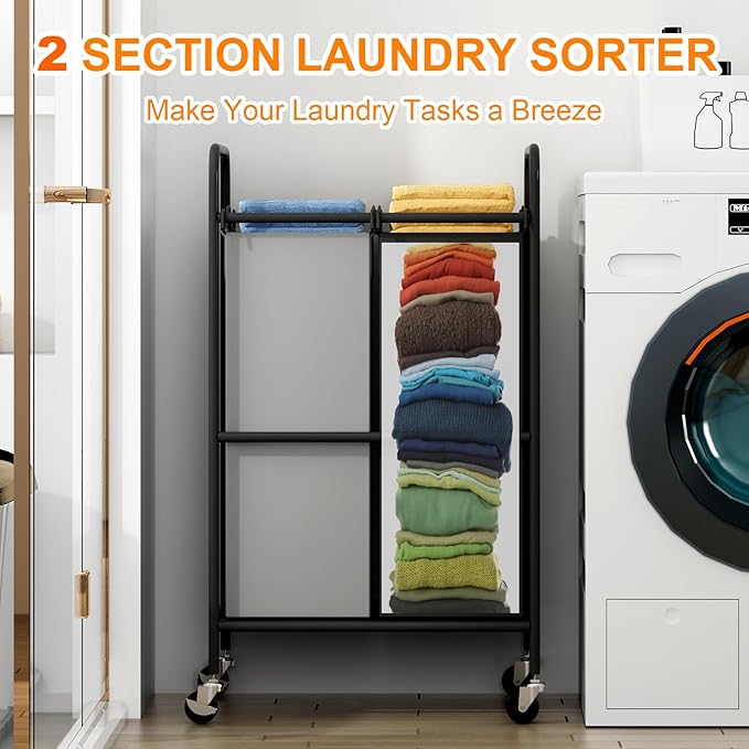 Heavy Duty Rolling Laundry Sorter Cart, 2 Removable 40L Polyester Bags, Lockable Wheels, 50×40×83cm, Space-Saving Organizer for Laundry Room Bathroom Home