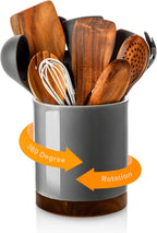 Nucookery 360°Rotating Utensil Holder, 7.2" Large Utensil Crock, White Ceramic Cooking Utensil Organizer,Farmhouse Kitchen Decor Christmas Thanksgiving Gift (Gray)
