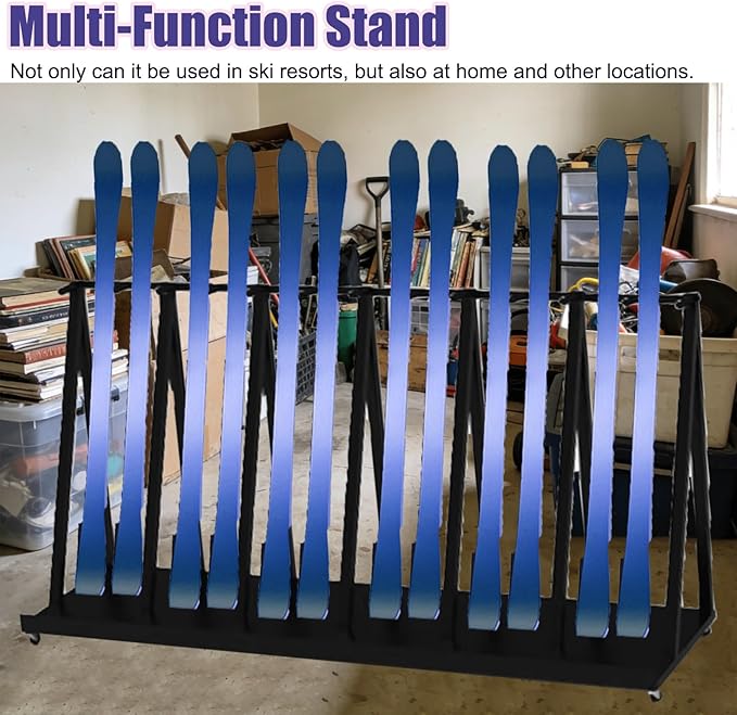 Indoor Ski Storage Rack Vertical, 1 2 3 4 5 6 Pair Ski Display Stand for Carrier/Organizer/Storage, Floor Standing Longboard Holders with Wheels(Hold 3 pair ski)