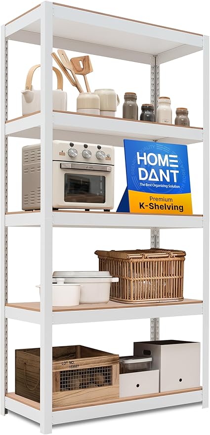 HOMEDANT House 5 Tier Heavy Duty Garage Shelving Adjustable Metal Rack Storage Shelves Standing Shelf Unit Organizers Pantry Closet Office (1, White, 36.2" W x 16.2" D)