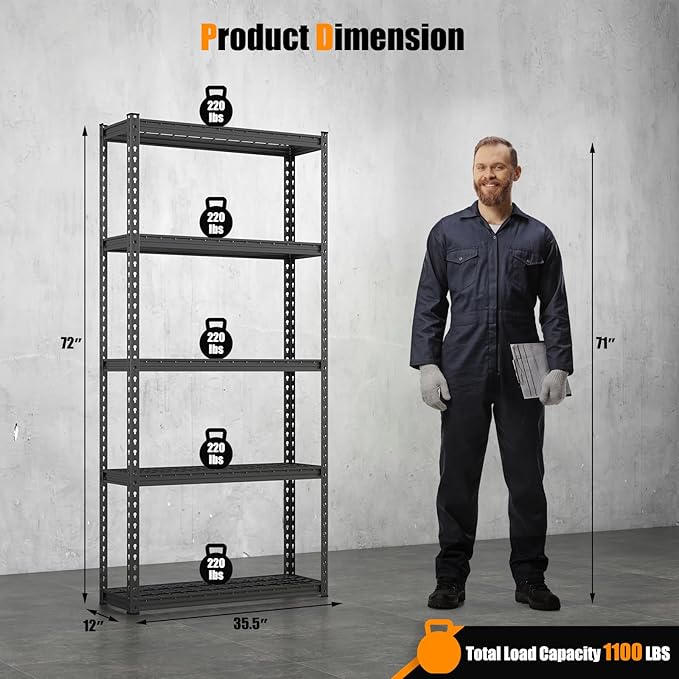 Giantex 3Pcs 5-Tier Storage Shelves, 35.5" x 12" x 72" Height Adjustable Metal Storage Utility Rack Shelf with Anti-Tipping Device, Heavy Duty Garage Shelving for Warehouse, Basement, Kitchen, Black