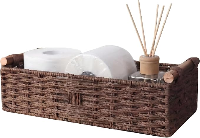 Back of Toilet Basket with Wood Handles, Brown Wicker Toilet Paper Basket for Toilet Tank Top, Narrow Toilet Tank Basket, Bathroom Basket Organizer for Wipes & Essentials