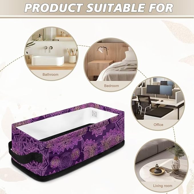 Bathroom Storage Bins Collapsible Rectangular Basket Versatile Cabinet Organizer Modern Fabric Toilet Paper Basket for Home Living Room Office Decor, Dark Violet Boho Flower