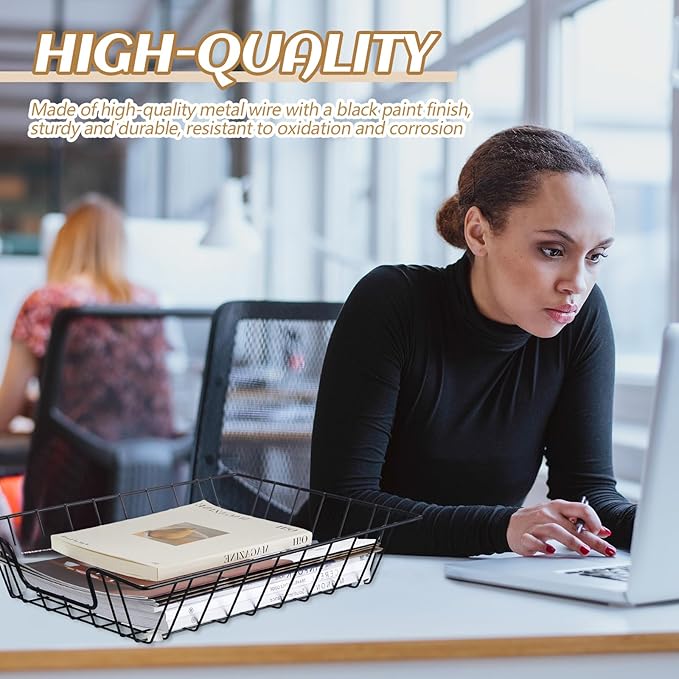 Yeaqee 3 Pcs Letter Tray Wire Paper Trays Stackable File Desk Organizer Metal File Paper Holder Basket for Desk Desktop Letter Storage for Office Home Classroom School (Black,14'' X 10'' X 3'')