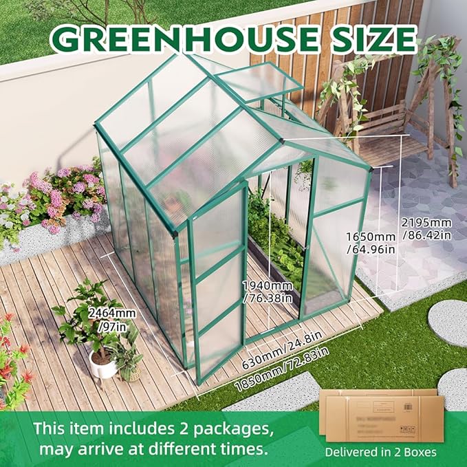 Polycarbonate Greenhouse with Rain Gutter and Roof Vent, Raised Base and Anchor Aluminum Heavy Duty Walk-in Green House, Outdoor Patio Sunroom for All Season (Green, 97*72.83*86.42in)