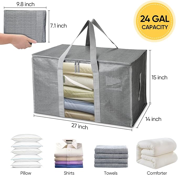 BALEINE 4-Pack Oversized Moving Bags with Reinforced Handles, Heavy-Duty Storage Tote Moving Supplies for Packaging, Camping (Gray w/Window, 4-Pack)