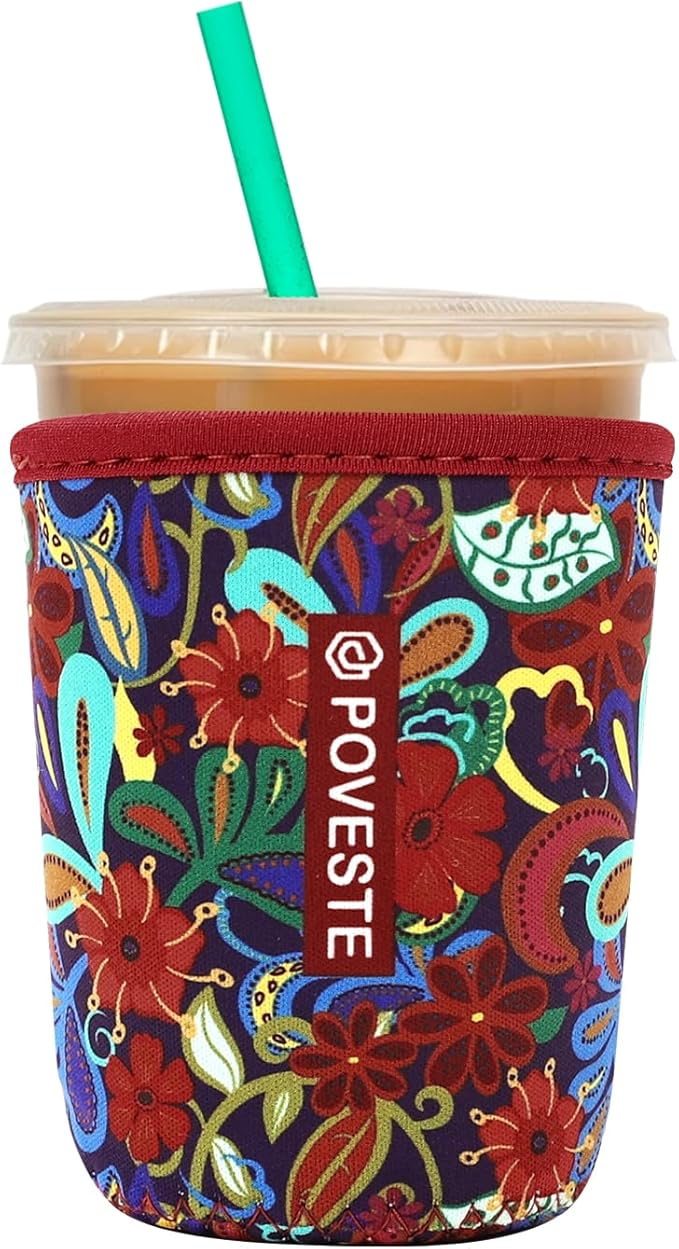 Reusable Neoprene Insulator Sleeve for Iced Coffee & Cold Soda, Coffee Sleeves for Iced & Hot Drinks, Cold Beverage Cooler Compatible with Starbucks, Dunkin (Tropical Flower, Small: 16-18oz)