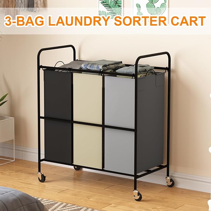 3 Section 3x40L Laundry Sorter Cart, Heavy Duty Laundry Basket with Lockable Wheels, 120L Large Rolling Laundry Hamper with Removable Bags for Dirty Clothes Storage