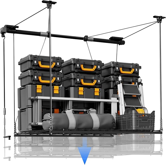 FLEXIMOUNTS Overhead Garage Storage Rack, 4x4 Ft Heavy-Duty Garage Ceiling Storage Racks, Adjustable Organization System with 71'' L Axle, 350lbs Weight Capacity, Carbon Black