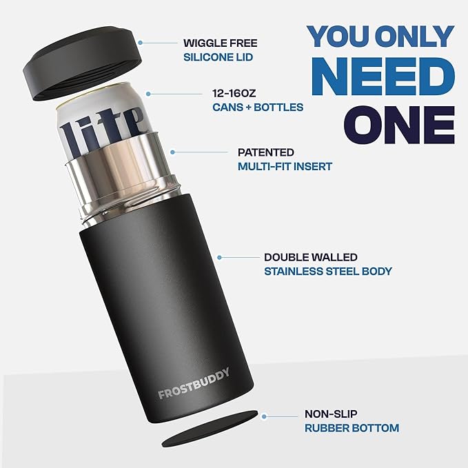 Frost Buddy Universal Can Cooler - Fits all - Stainless Steel Can Cooler for 12 oz & 16 oz Regular or Slim Cans & Bottles - Stainless Steel (Diamond Plate - Black)
