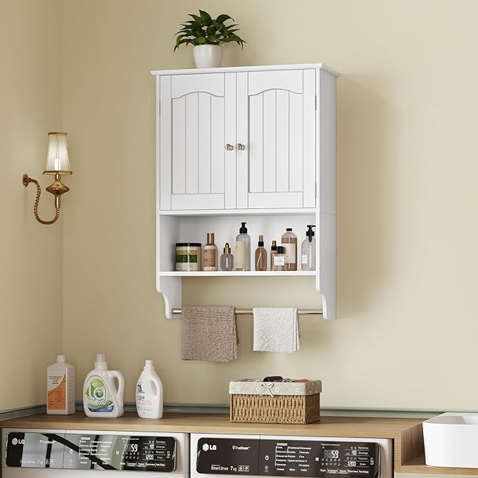 TEENFON Bathroom Wall Cabinet with Adjustable Shelves and Towel Rack, Wall Mounted Over the Toilet Storage Cabinet for Bathroom, Living Room, White UNGGX005W