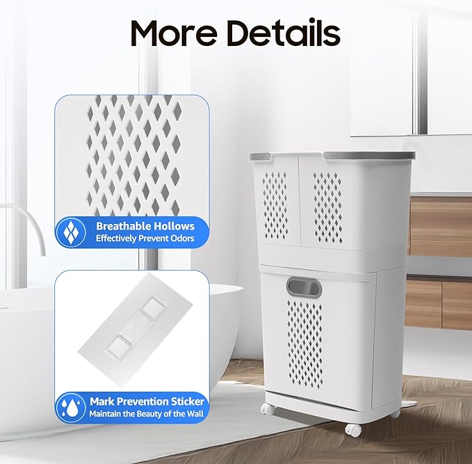 2 Tier Rolling Laundry Hamper Sorter, Removable Laundry Basket Thick Storage Rack Classification with Wheels and Handle White Portable Storage Baskets with 3 Deep Baskets