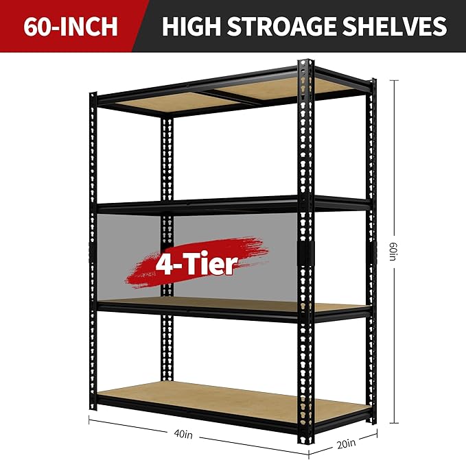 Heavy Duty Garage Storage Shelves, 2000 Lbs Capacity, 4-Tier Adjustable Storage Shelving Unit, 40" L x 20" W x 60" H Metal Shelving Racks for Kitchen Pantry Basement Bathroom Laundry