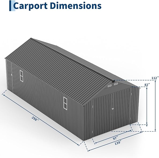 Garvee 12x25 ft Enclosed Metal Car Port, Oversized Carport with Vertical Steel Roof for All-Weather Use, Metal Garage Shed with Man Door for Full-Sized Pickup Trucks & SUV, Gray