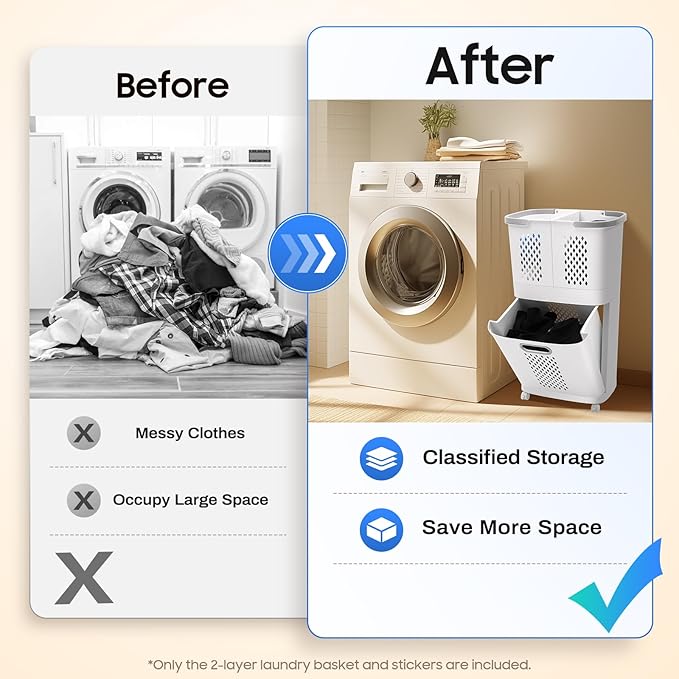 2 Tier Laundry Hamper Basket Sorter with Wheels&Handle,Movable Household Laundry Basket,Large Hand-Held Laundry Basket Clothes Storage Organizer for Bathrooms Bedrooms